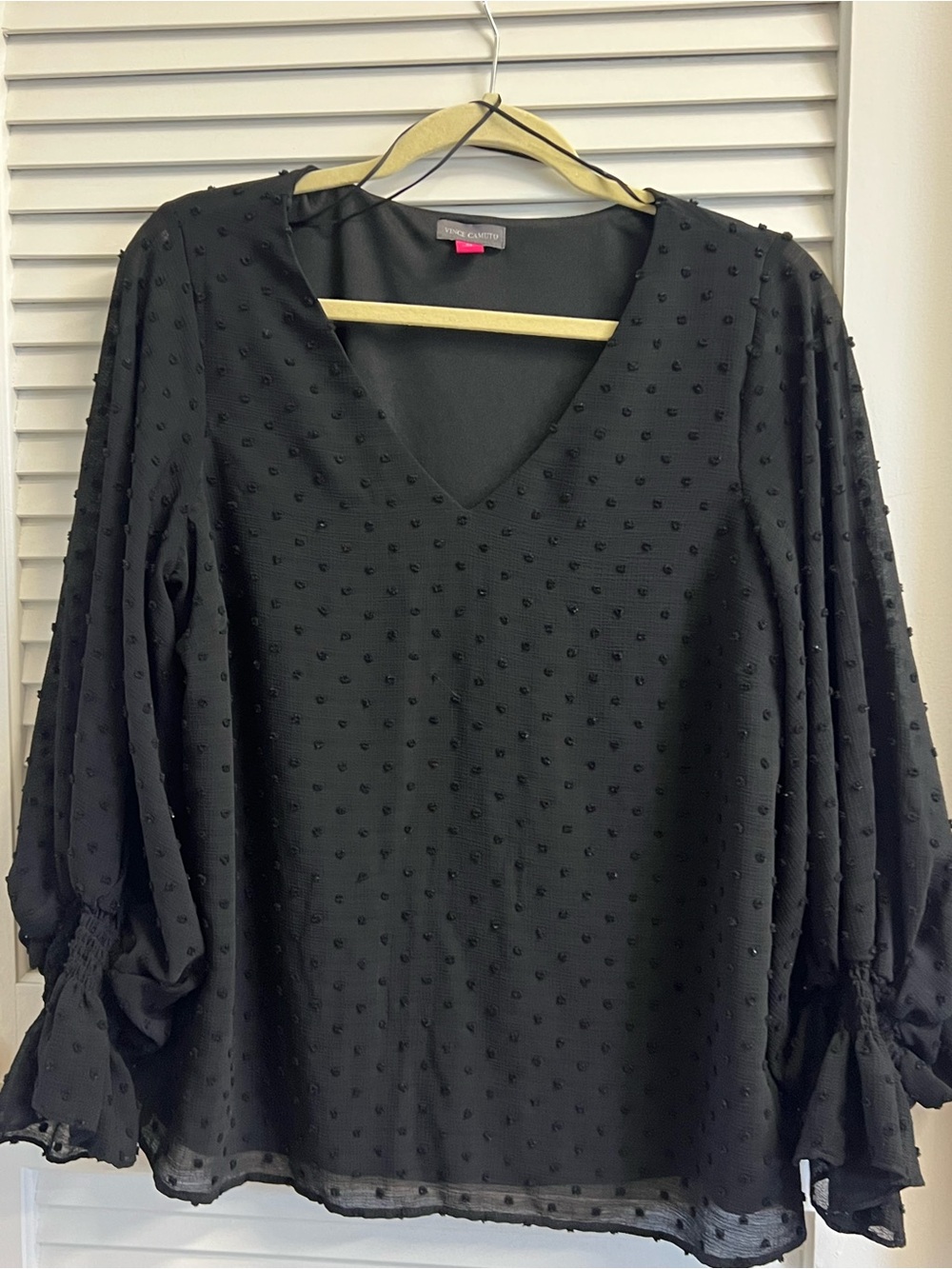 Vince Camuto Black Swiss Dot V-Neck Blouse long sleeves and Ruffled size Med